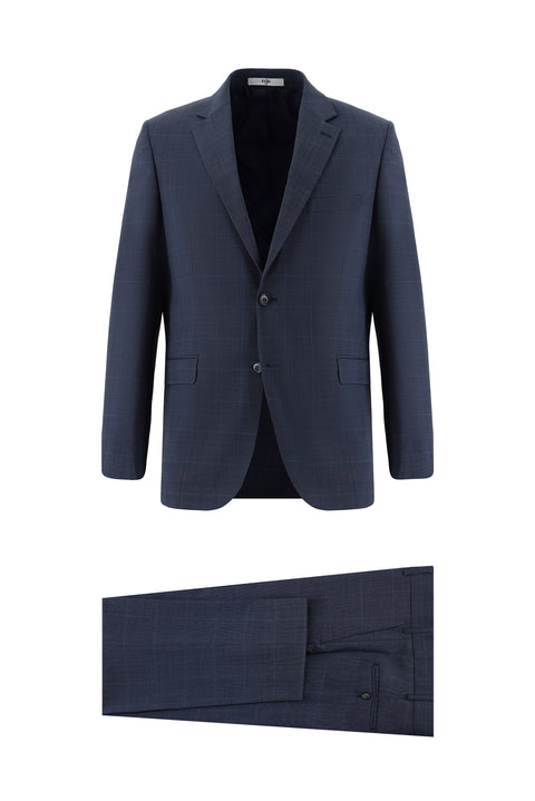 Medium Navy 4-Drop Relaxed Fit Wool Plaid Suit