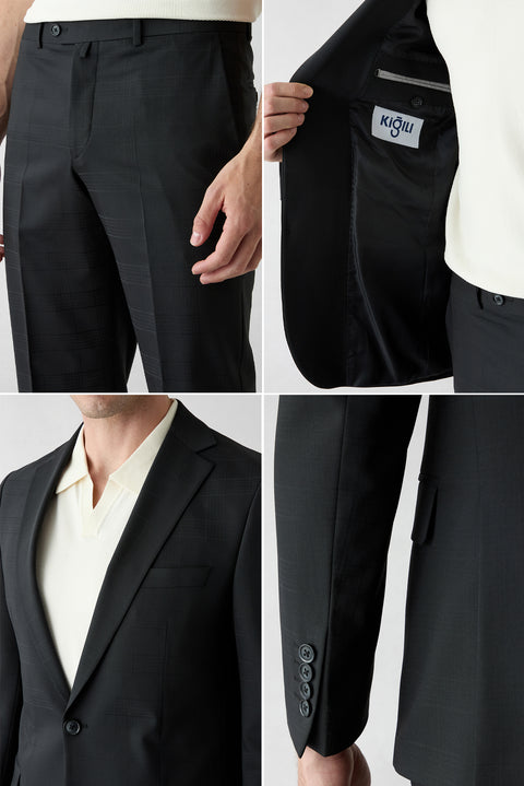 Black 6-Drop Regular Fit Standard Cut Wool Plaid Suit