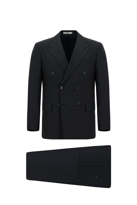 Dark Navy 6 Drop Regular Fit Standard Cut Wool Plaid Double-Breasted Suit