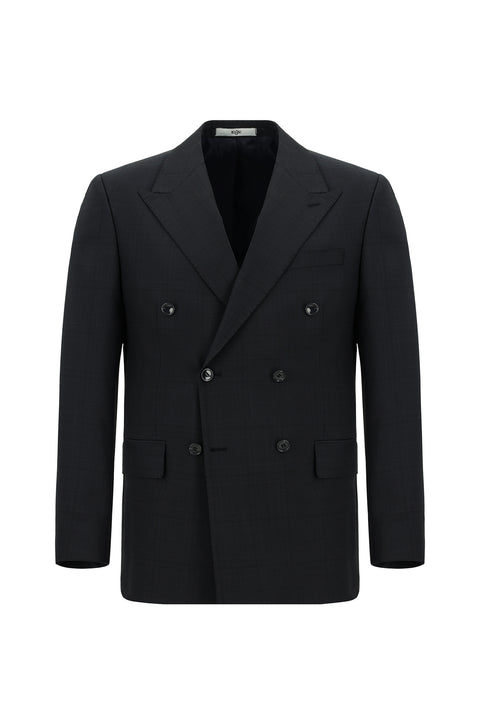 Dark Navy 6 Drop Regular Fit Standard Cut Wool Plaid Double-Breasted Suit