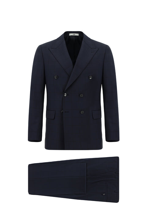 Dark Navy 6 Drop Regular Fit Standard Cut Wool Plaid Double-Breasted Suit