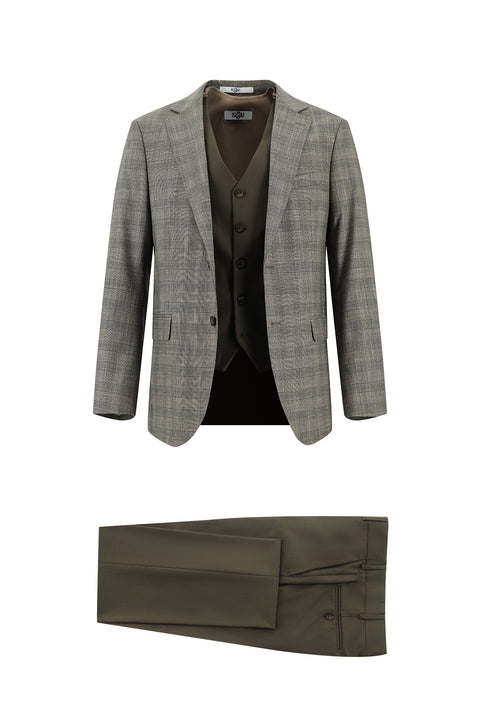 Dark Mink 6 Drop Regular Fit Standard Cut Plaid Suit with Vest