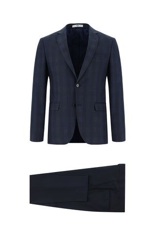  Orta Lacivert 7 Drop Super Slim Fit Eksra Dar Kesim Kombinli Ekose Takım Elbise