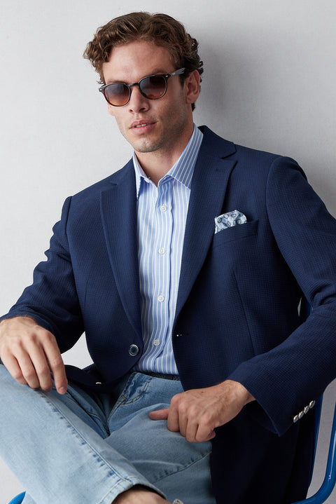 Medium Navy 4 Drop Relaxed Fit Casual Cut Mono Collar Classic Jacket