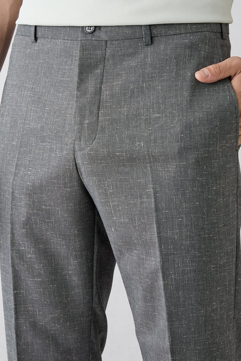 Dark Charcoal 6-Drop Regular Fit Standard Cut Linen Blend Classic Fabric Trousers