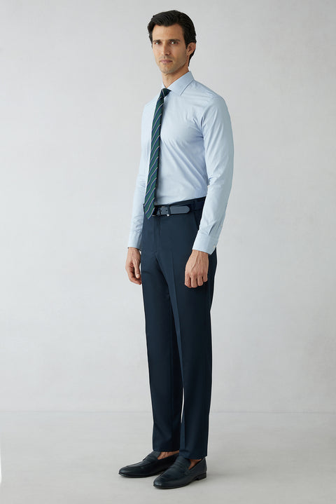 Orta Lacivert 8 Drop Long Slim Fit Uzun Dar Kesim Klasik Kumaş Pantolon