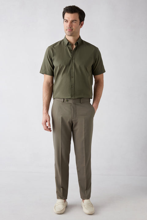 Orta Haki 4 Drop Relaxed Fit Rahat Kesim Klasik Kumaş Pantolon