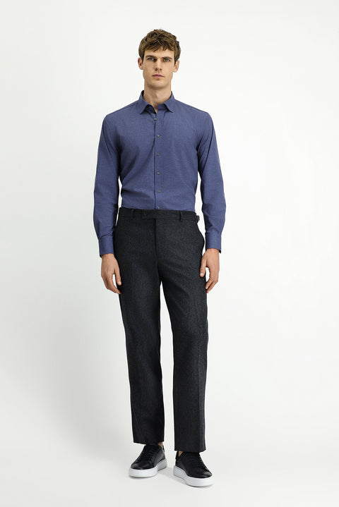 Medium Anthracite 4-Drop Relaxed Fit Classic Wool Flannel Trousers with Buckle