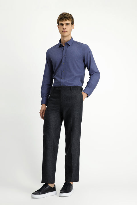 Medium Anthracite 4-Drop Relaxed Fit Classic Wool Flannel Trousers with Buckle