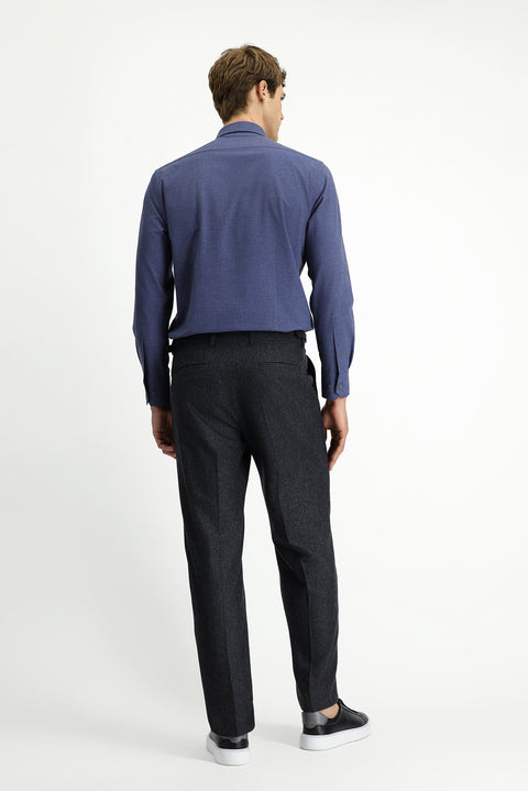 Medium Anthracite 4-Drop Relaxed Fit Classic Wool Flannel Trousers with Buckle