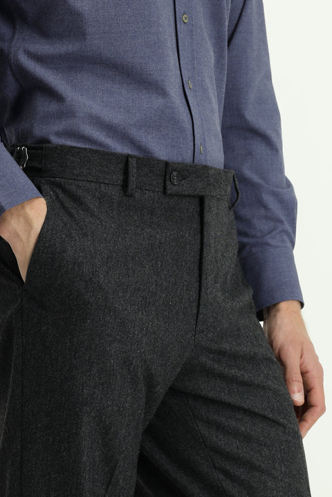 Medium Anthracite 4-Drop Relaxed Fit Classic Wool Flannel Trousers with Buckle