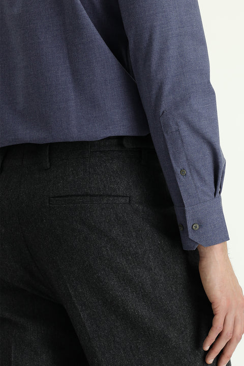 Medium Anthracite 4-Drop Relaxed Fit Classic Wool Flannel Trousers with Buckle