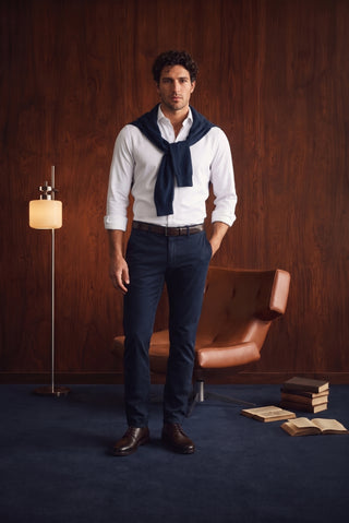  Orta Lacivert Slim Fit Dar Kesim Yan Cepli Kanvas / Chino Pantolon