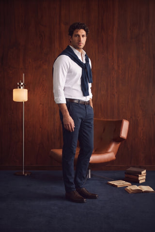  Orta Lacivert Slim Fit Dar Kesim Yan Cepli Kanvas / Chino Pantolon