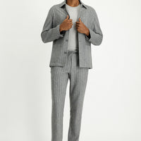 Medium Grey Melange 7 Drop Slim Fit Narrow Cut Woolen Elasticated Waist Drawstring Striped Classic Fabric Trousers