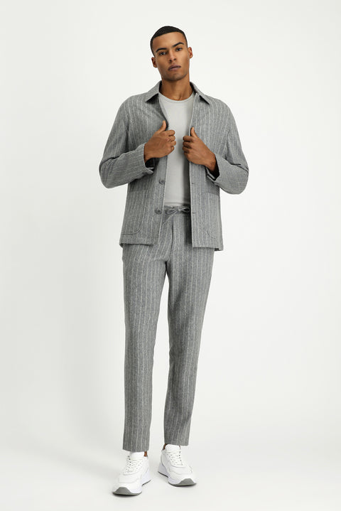 Medium Grey Melange 7 Drop Slim Fit Narrow Cut Woolen Elasticated Waist Drawstring Striped Classic Fabric Trousers