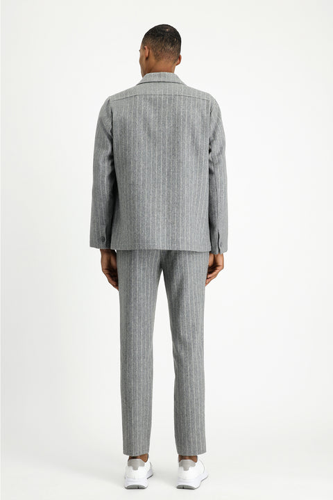 Medium Grey Melange 7 Drop Slim Fit Narrow Cut Woolen Elasticated Waist Drawstring Striped Classic Fabric Trousers