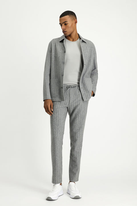 Medium Grey Melange 7 Drop Slim Fit Narrow Cut Woolen Elasticated Waist Drawstring Striped Classic Fabric Trousers