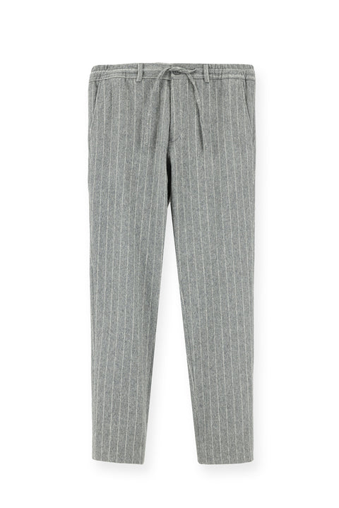 Medium Grey Melange 7 Drop Slim Fit Narrow Cut Woolen Elasticated Waist Drawstring Striped Classic Fabric Trousers