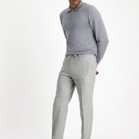 Medium Grey Melange 7 Drop Slim Fit Narrow Cut Wool Classic Trousers with Elastic Waist Drawstring