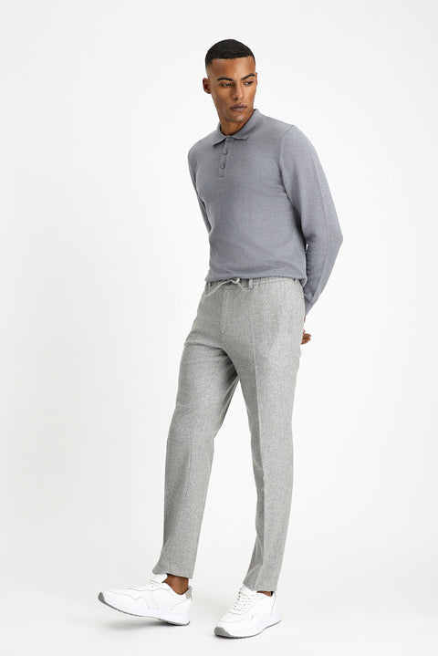 Medium Grey Melange 7 Drop Slim Fit Narrow Cut Wool Classic Trousers with Elastic Waist Drawstring