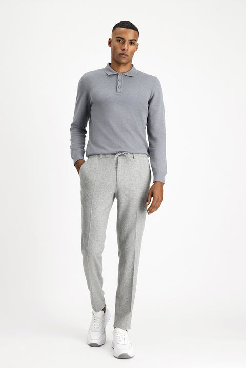 Medium Grey Melange 7 Drop Slim Fit Narrow Cut Wool Classic Trousers with Elastic Waist Drawstring