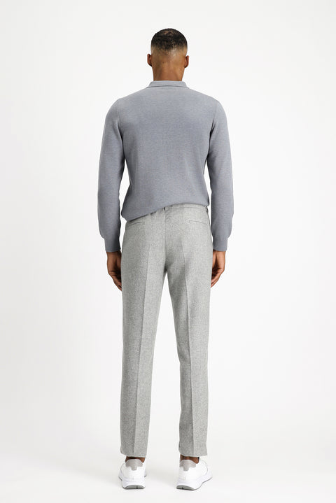 Medium Grey Melange 7 Drop Slim Fit Narrow Cut Wool Classic Trousers with Elastic Waist Drawstring