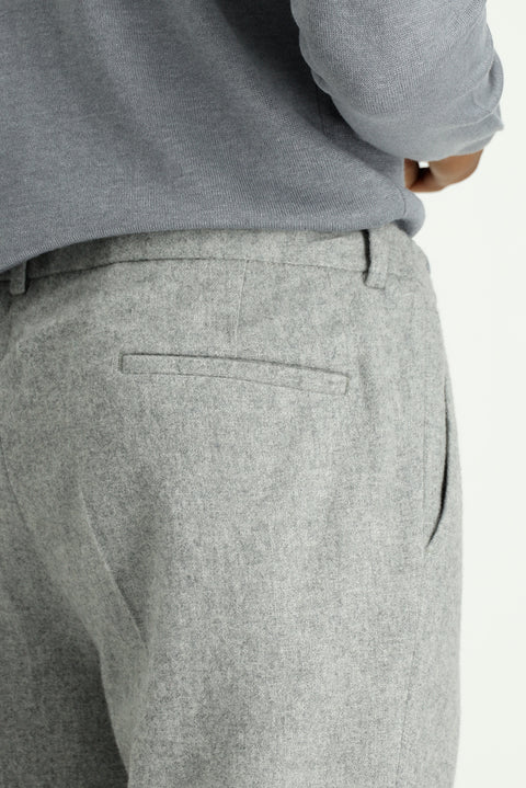 Medium Grey Melange 7 Drop Slim Fit Narrow Cut Wool Classic Trousers with Elastic Waist Drawstring