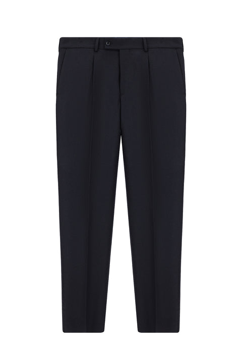 Dark Navy 4 Drop Relaxed Fit Comfortable Cut Wool Pleated Flannel Classic Fabric Trousers