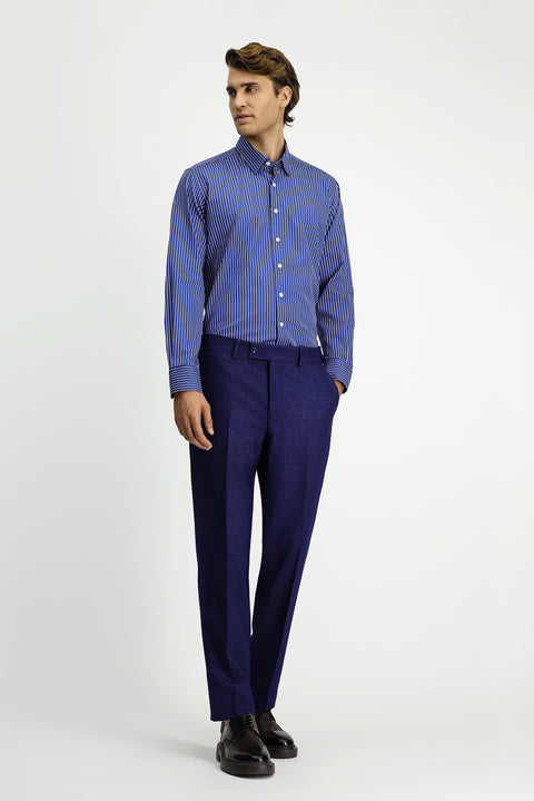 Medium Navy 6 Drop Regular Fit Standard Cut Wool Pleated Flannel Classic Fabric Trousers
