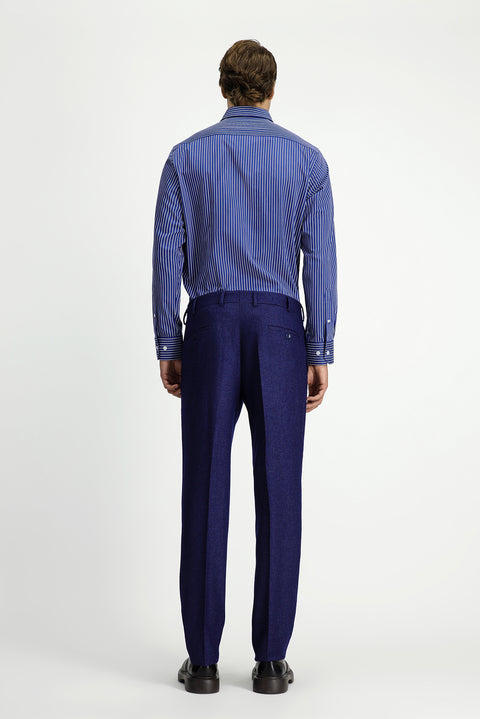 Medium Navy 6 Drop Regular Fit Standard Cut Wool Pleated Flannel Classic Fabric Trousers
