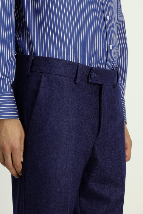 Medium Navy 6 Drop Regular Fit Standard Cut Wool Pleated Flannel Classic Fabric Trousers