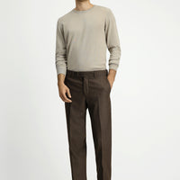Medium Brown 6 Drop Regular Fit Standard Cut Wool Pleated Flannel Classic Fabric Trousers