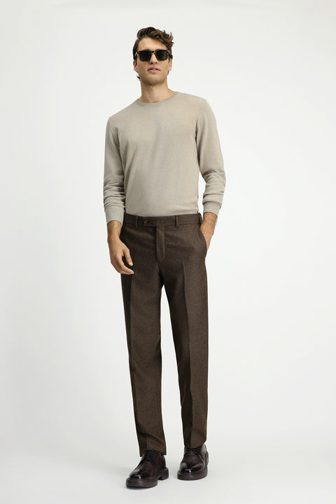 Medium Brown 6 Drop Regular Fit Standard Cut Wool Pleated Flannel Classic Fabric Trousers
