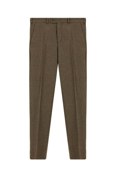 Medium Brown 6 Drop Regular Fit Standard Cut Wool Pleated Flannel Classic Fabric Trousers