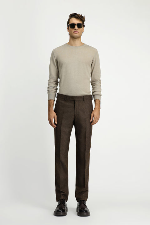 Medium Brown 6 Drop Regular Fit Standard Cut Wool Pleated Flannel Classic Fabric Trousers