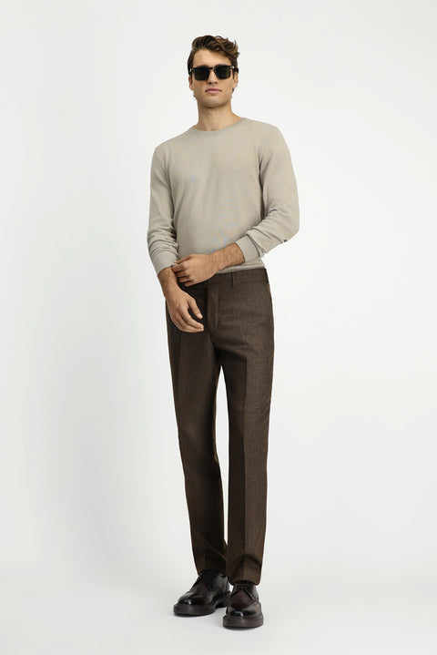 Medium Brown 6 Drop Regular Fit Standard Cut Wool Pleated Flannel Classic Fabric Trousers