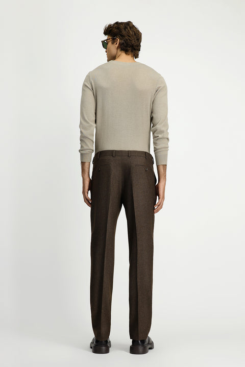 Medium Brown 6 Drop Regular Fit Standard Cut Wool Pleated Flannel Classic Fabric Trousers