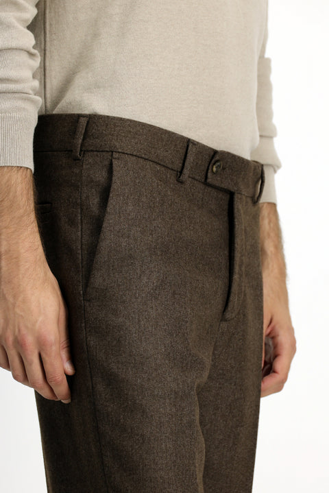 Medium Brown 6 Drop Regular Fit Standard Cut Wool Pleated Flannel Classic Fabric Trousers