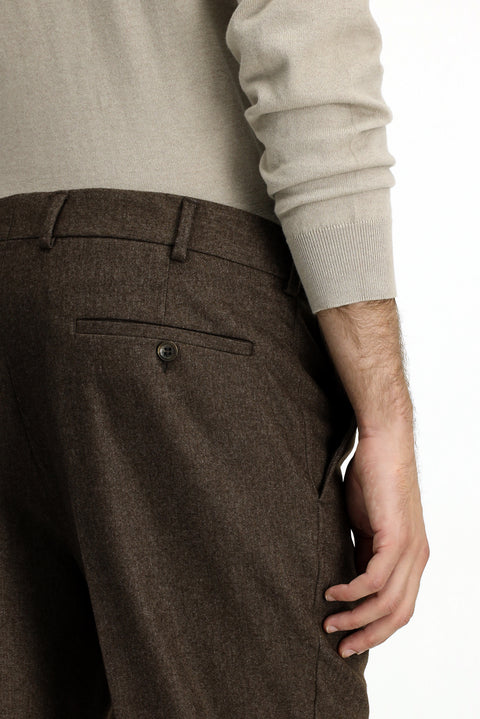 Medium Brown 6 Drop Regular Fit Standard Cut Wool Pleated Flannel Classic Fabric Trousers