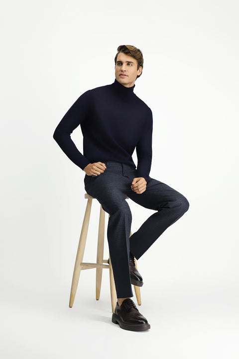 Dark Navy 7 Drop Slim Fit Patterned Flannel Classic Trousers