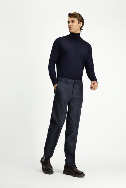 Dark Navy 7 Drop Slim Fit Patterned Flannel Classic Trousers