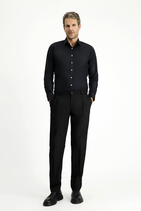 Black 6 Drop Regular Fit Standard Cut Lycra Pleated Classic Fabric Trousers