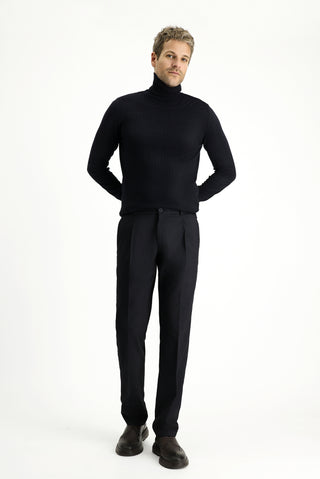  Koyu Lacivert 7 Drop Slim Fit Dar Kesim Likralı Pileli Klasik Kumaş Pantolon