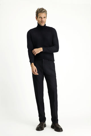  Koyu Lacivert 7 Drop Slim Fit Dar Kesim Likralı Pileli Klasik Kumaş Pantolon