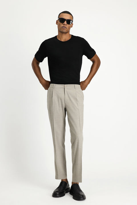 Light Beige 6 Drop Regular Fit Standard Cut Lycra Pleated Classic Fabric Trousers