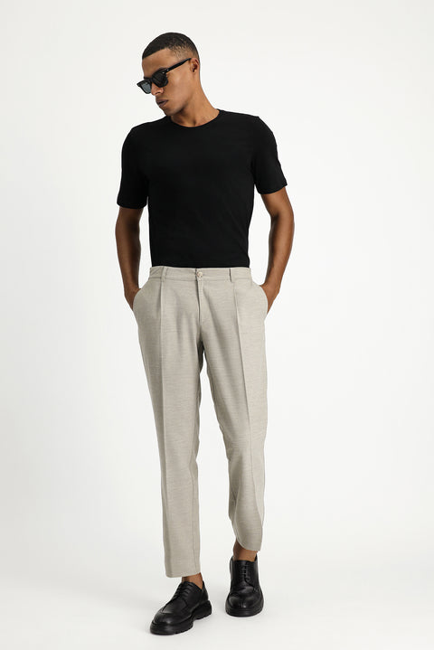 Light Beige 7 Drop Slim Fit Narrow Cut Lycra Pleated Classic Fabric Trousers