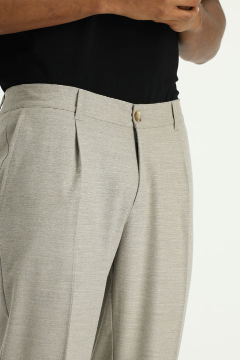 Light Beige 7 Drop Slim Fit Narrow Cut Lycra Pleated Classic Fabric Trousers