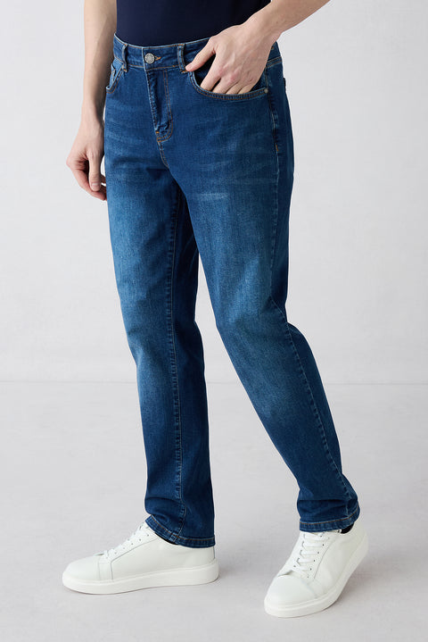 Koyu Mavi  Relaxed Fit Rahat Kesim 5 Cep Pamuklu Denim Pantolon