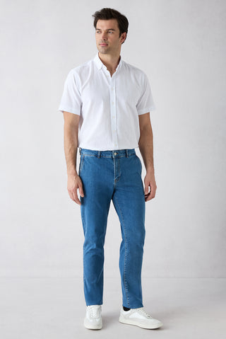  Koyu Mavi  Tapered Fit Pamuklu Yan Cepli Denim Pantolon